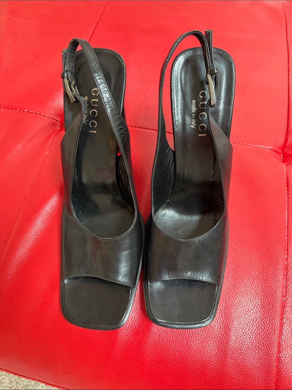 Gucci Black Leather Open-Toe Slingback Heels
